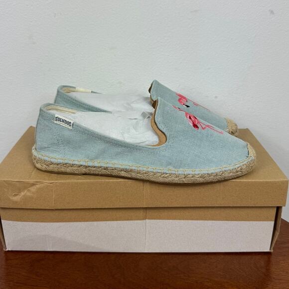 New Soludos Flamingo Embroidered Smoking Slipper in Chambray Women's Size 5 - Picture 4 of 6